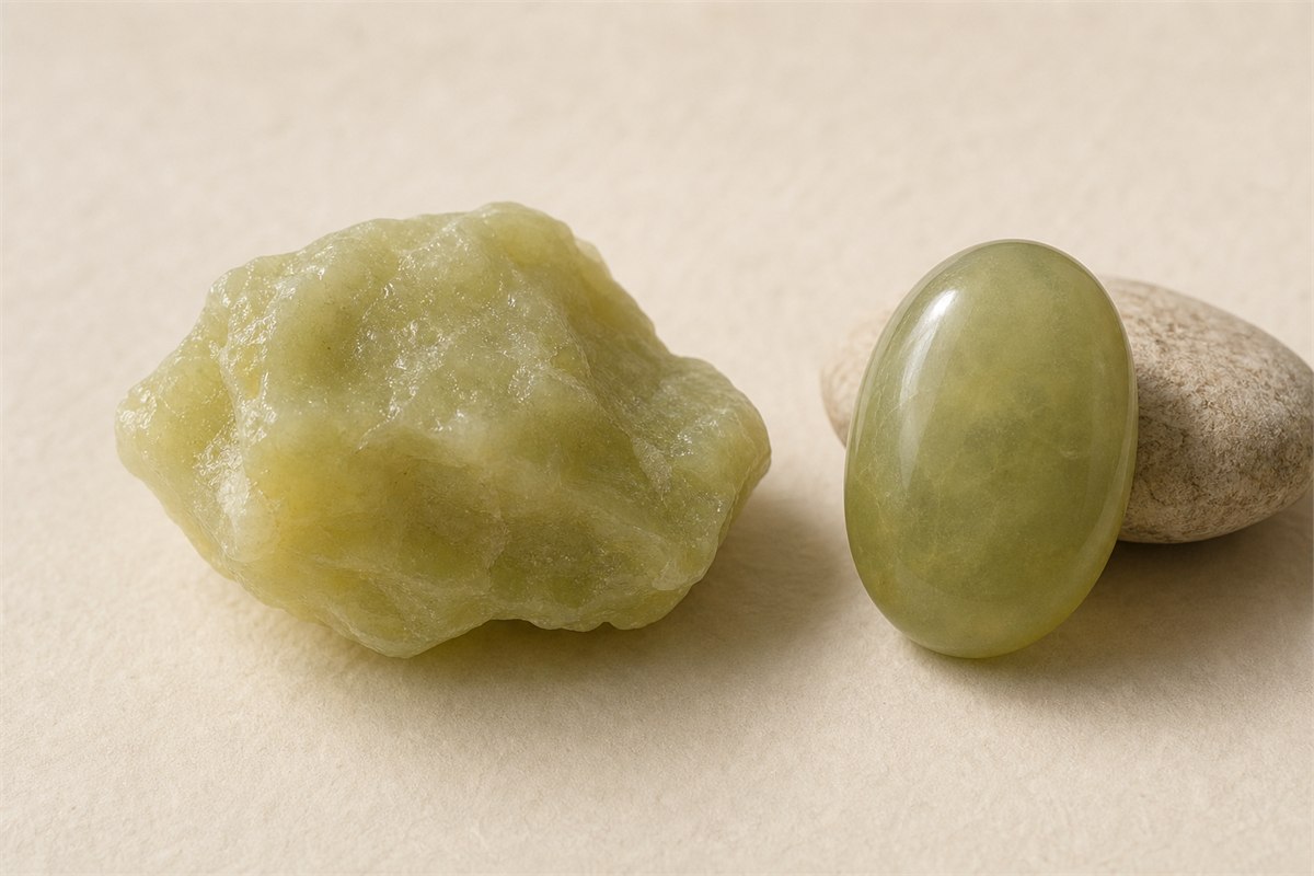 Pale yellow-green serpentine-rich Xiuyu rough beside a polished oval sample