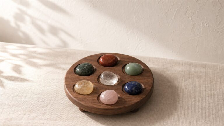 Seven stones arranged with one clear quartz center and six surrounding stones on a recessed wood base.
