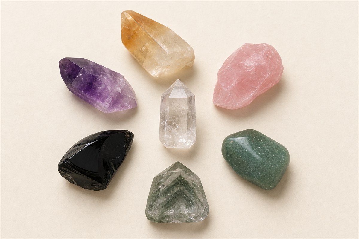 Seven distinct stones including clear quartz, citrine, rose quartz, amethyst, obsidian, green aventurine, and green phantom quartz.