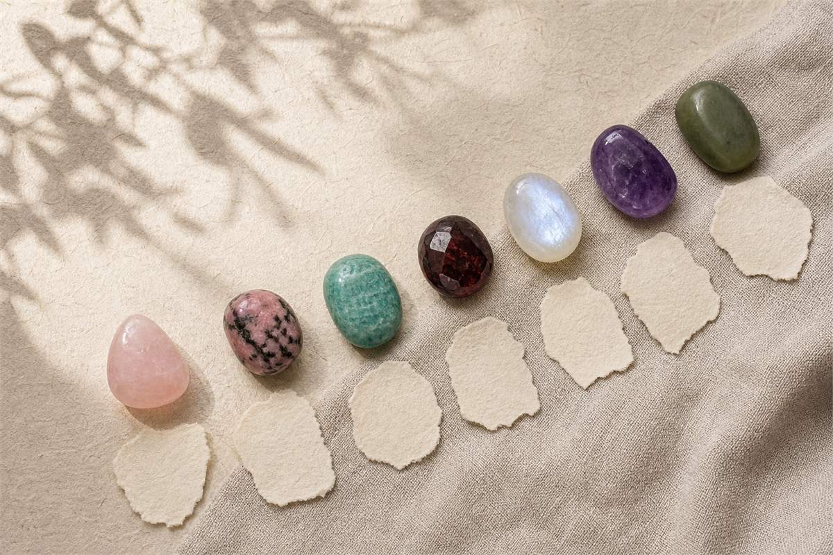 Rose quartz, rhodonite, amazonite, garnet, moonstone, amethyst, and jade on cream paper