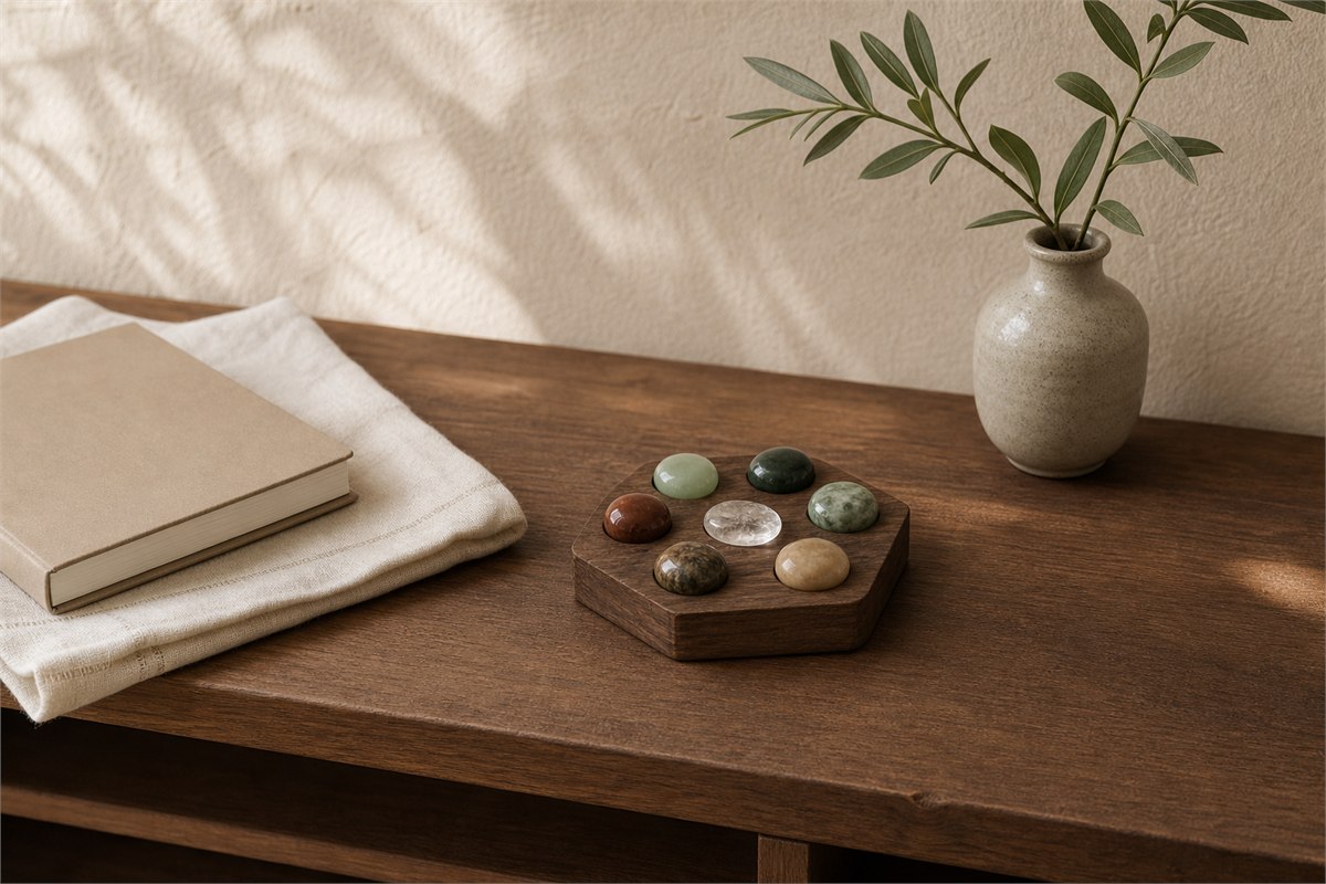 Finished seven-stone grid displayed on a stable wood console in a warm neutral interior.