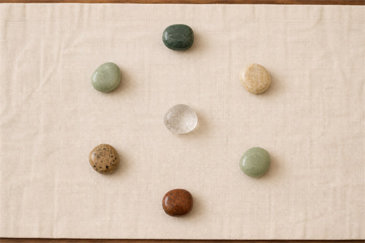 Overhead view of seven stones with one center stone and six stones forming a regular hexagon.