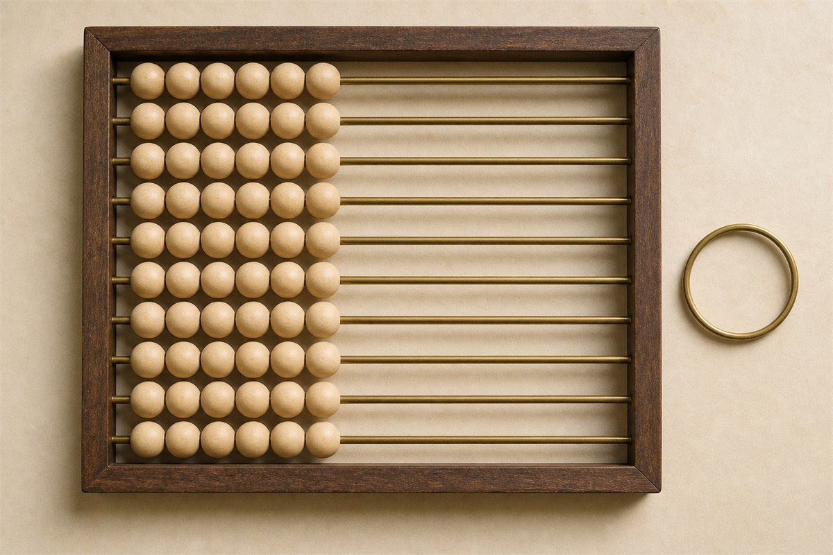Six rows of ten blank wooden counting tokens arranged as sixty ordered positions on warm paper