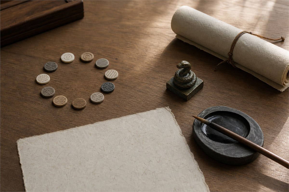 Circular arrangement of plain cycle tokens beside a bronze snake seal, scroll, brush, and inkstone