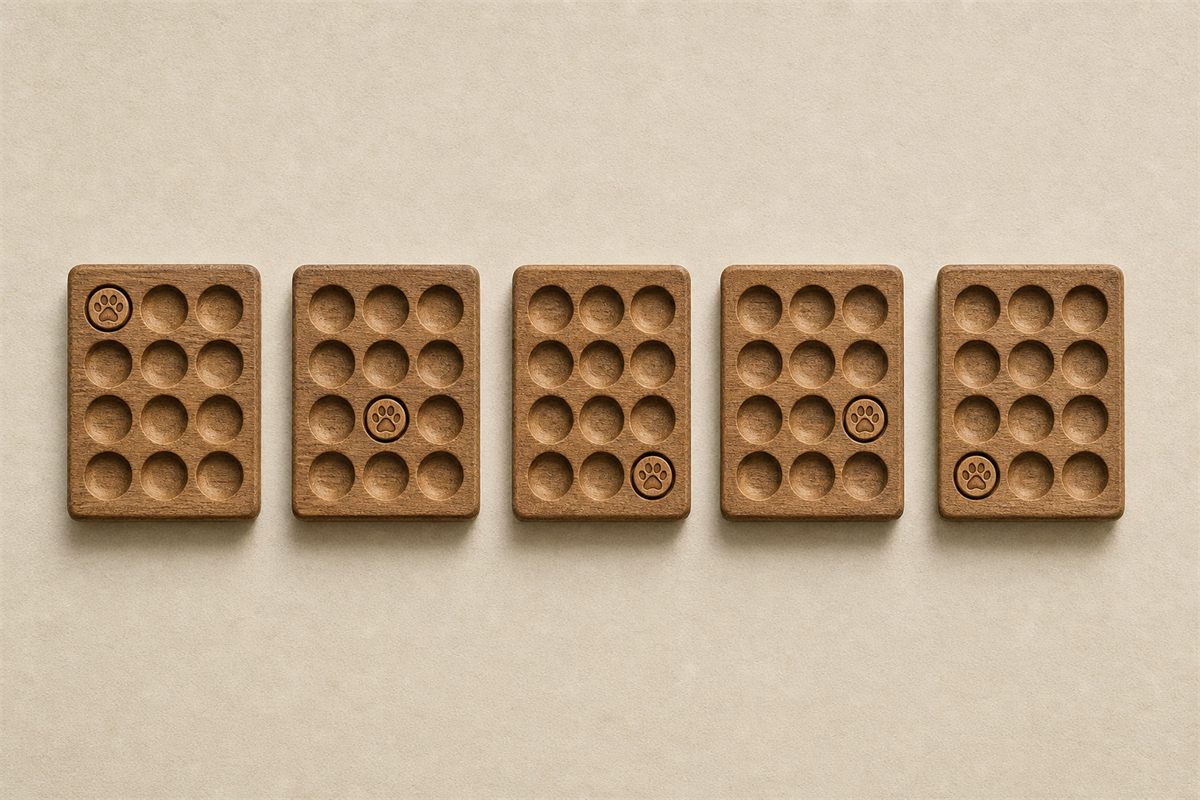 Five twelve-well wooden calendar trays with one Tiger marker in each tray