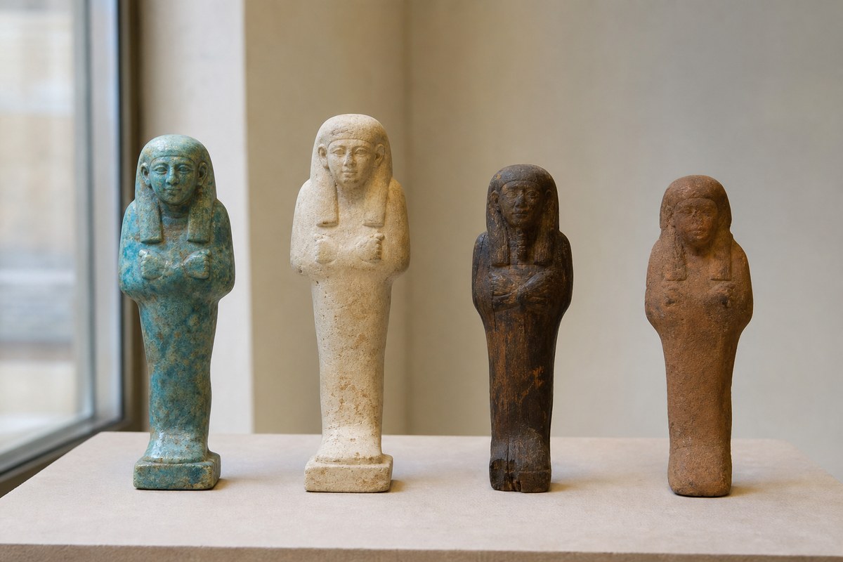 Faience, stone, wood, and clay funerary figures displayed side by side