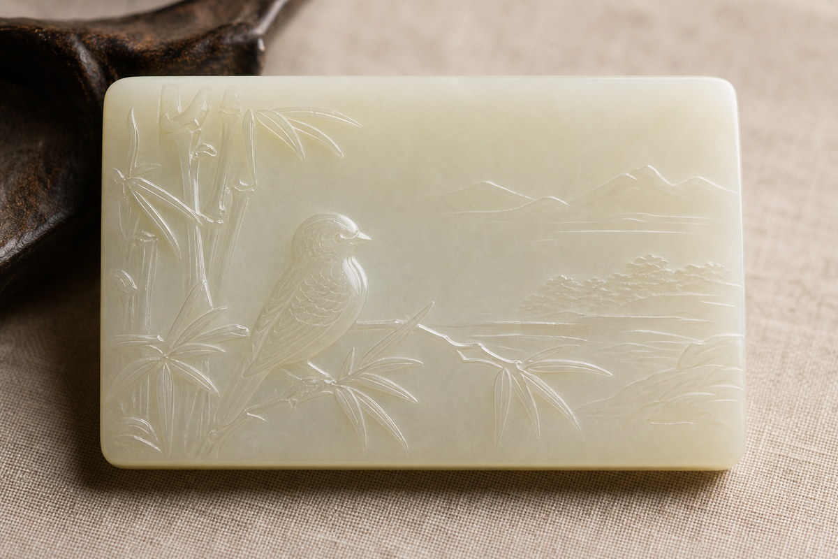 Shallow relief (浅浮雕) jade plaque detail with smooth ground and delicate landscape lines
