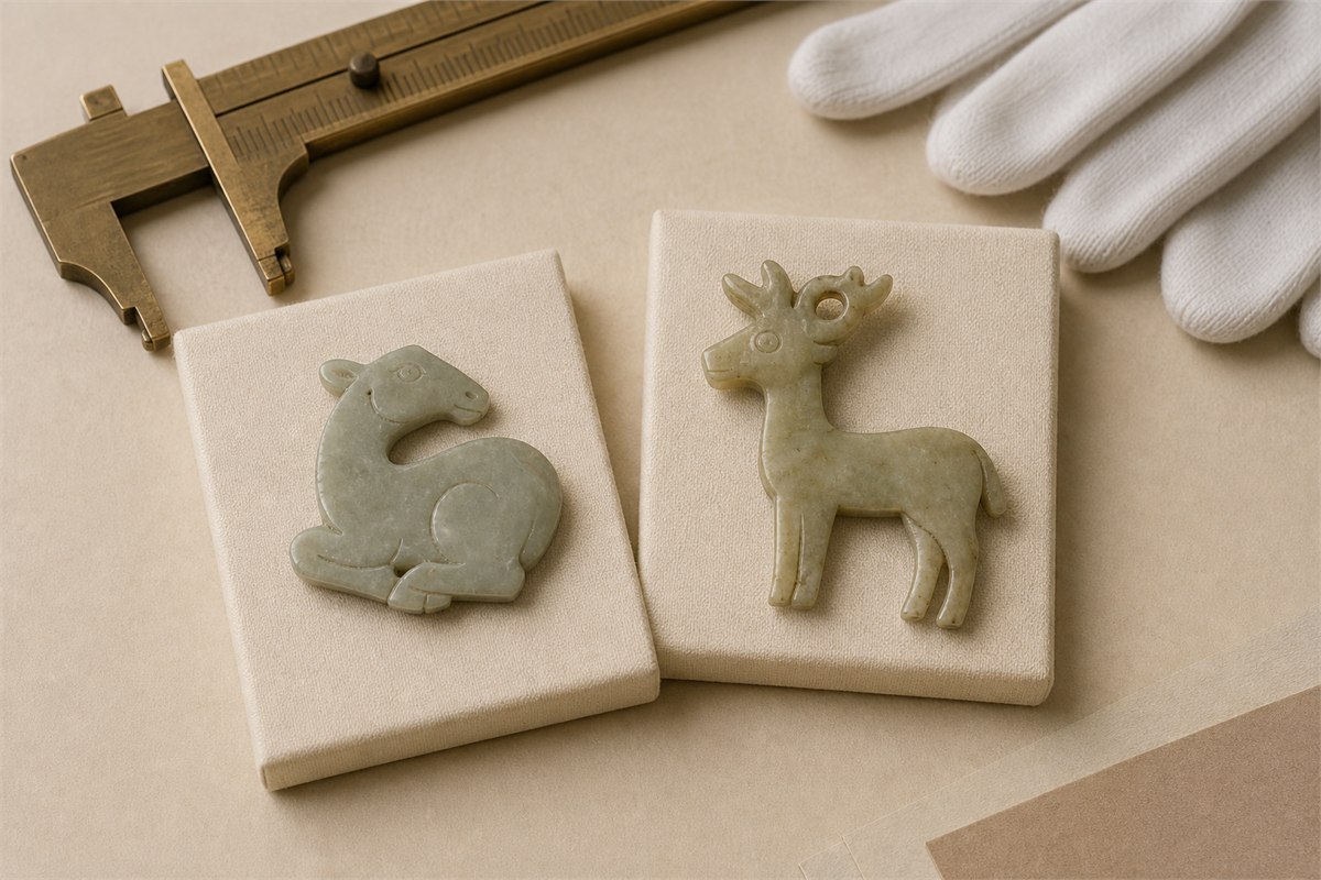 Two flat jade deer pendants on neutral conservation mounts beside gloves and a caliper