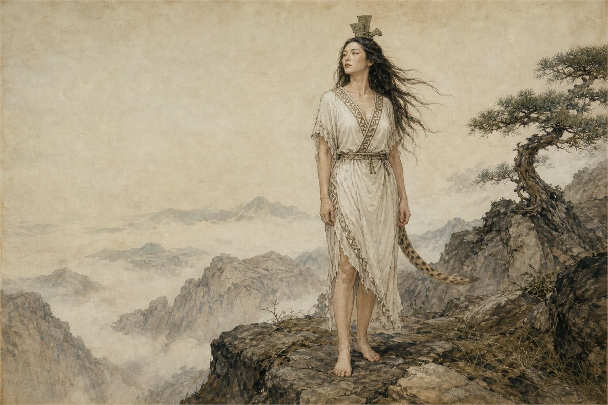 Human-like female figure with loose hair, a sheng head ornament, and a leopard tail on a rocky mountain