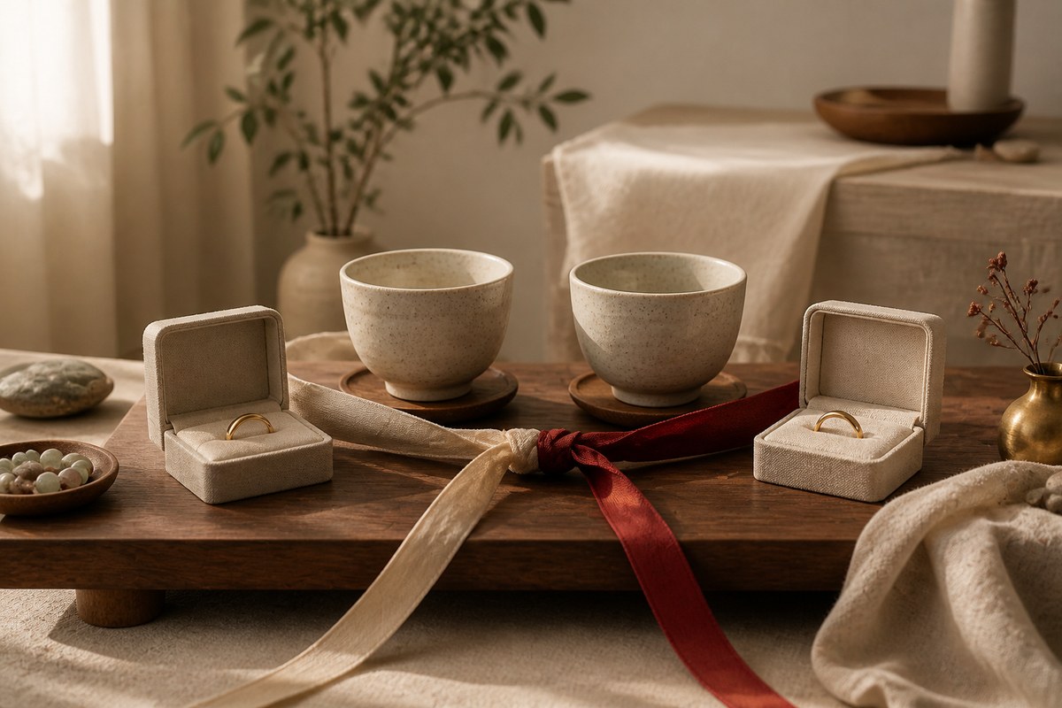 Paired ceramic cups, two ring boxes, and joined ivory and burgundy ribbons in a warm wedding still life