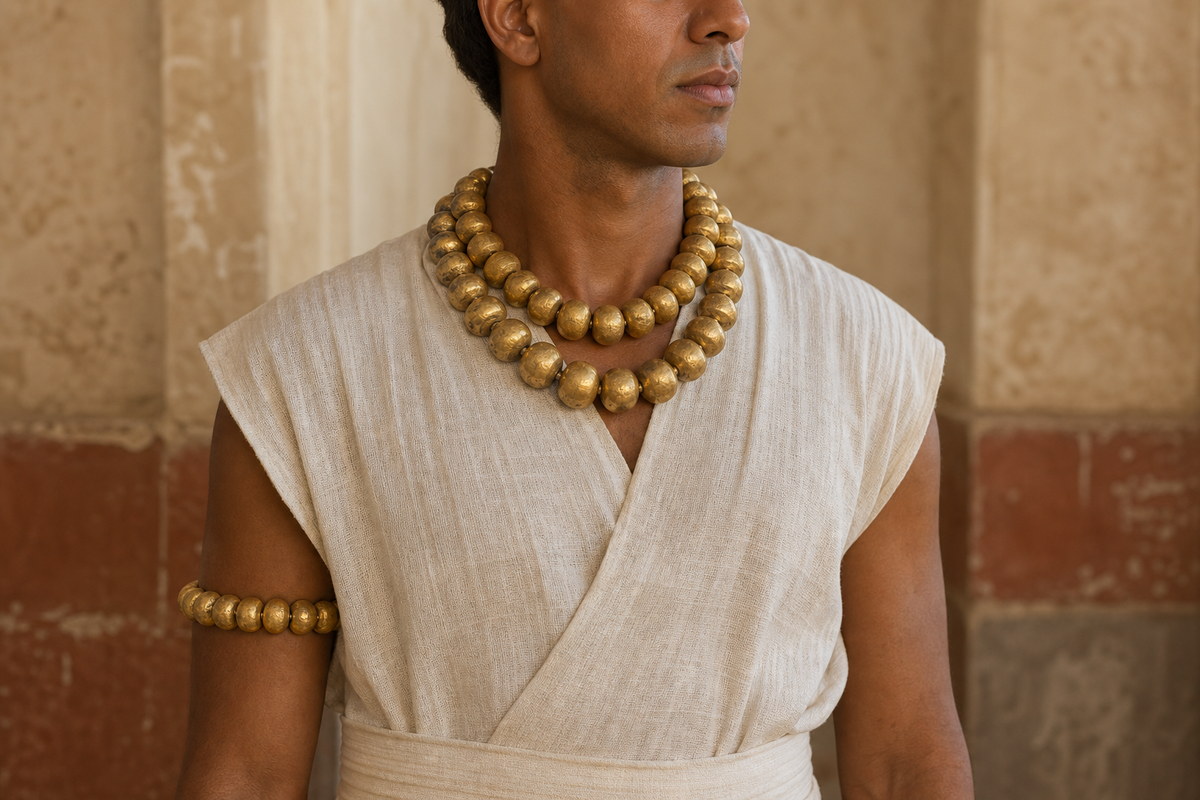 Ancient Egyptian official wearing a shebyu necklace of large gold beads with a matching gold arm ornament