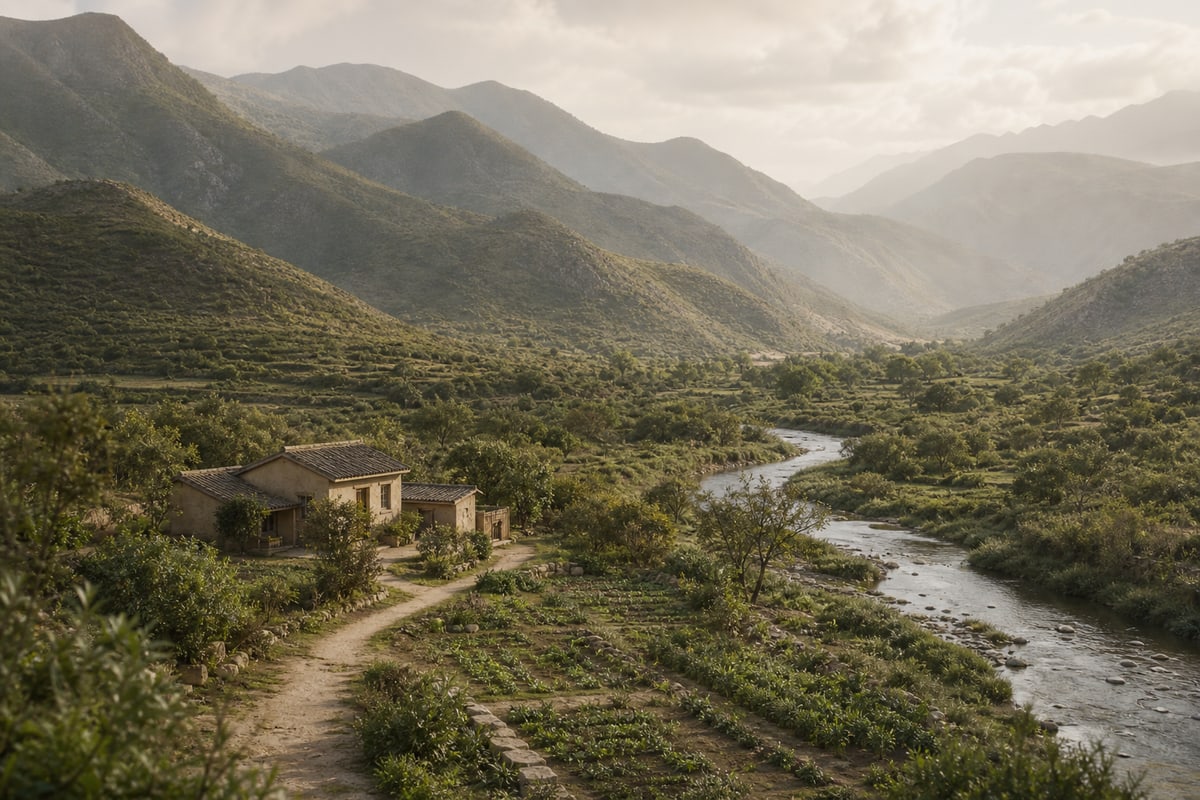 Modest dwelling sheltered by rounded ridges beside a curving stream and cultivated land