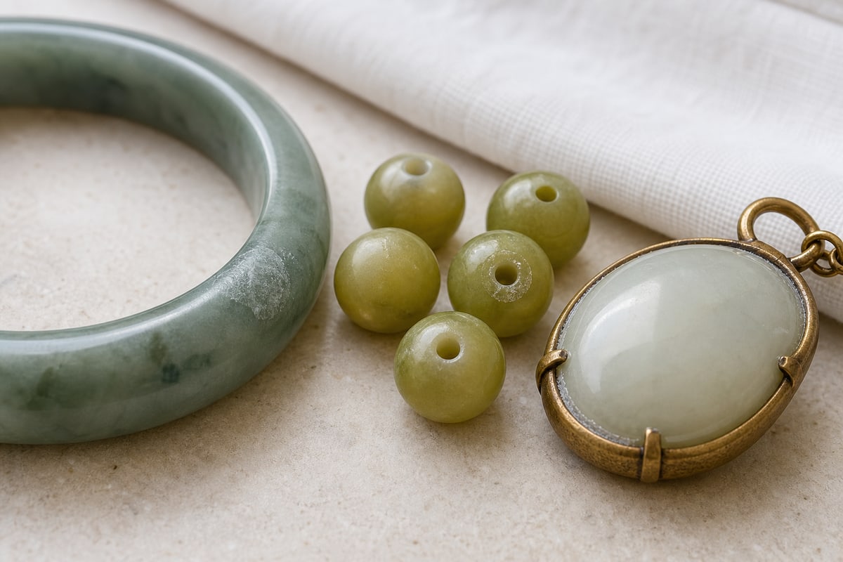 Thin surface film on a jade bangle, loose serpentine bead holes, and the edge of a mounted pale jade cabochon