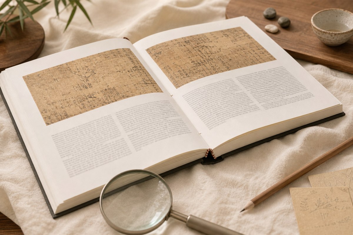 Modern scholarly facsimile book, notes, and magnifier on a warm reading desk