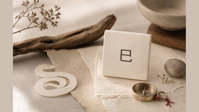 Warm editorial still life with a modern clay tile marked 巳, a simple compass, and a coiled snake-shaped paper form