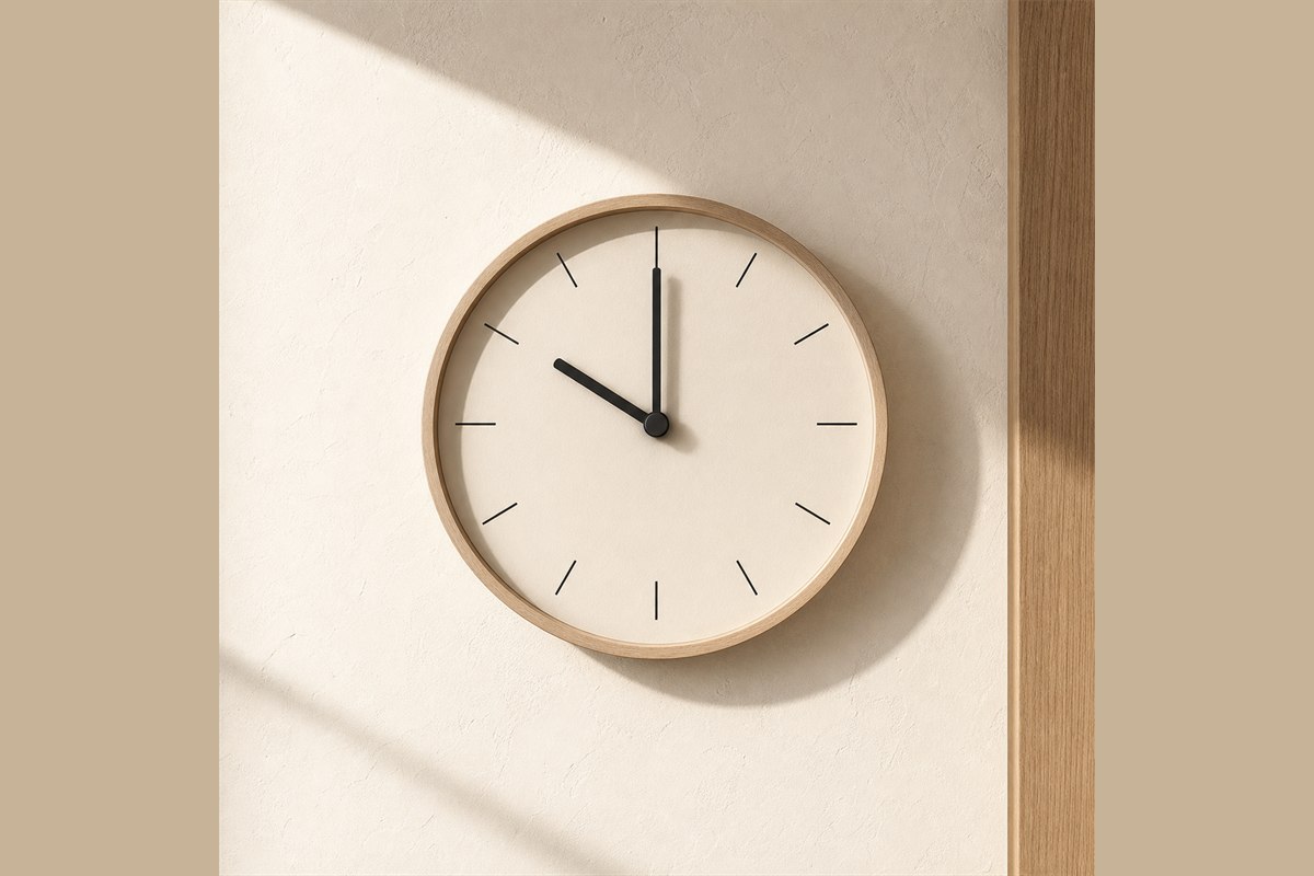 Minimal analog clock showing exactly 10:00 in soft late-morning light
