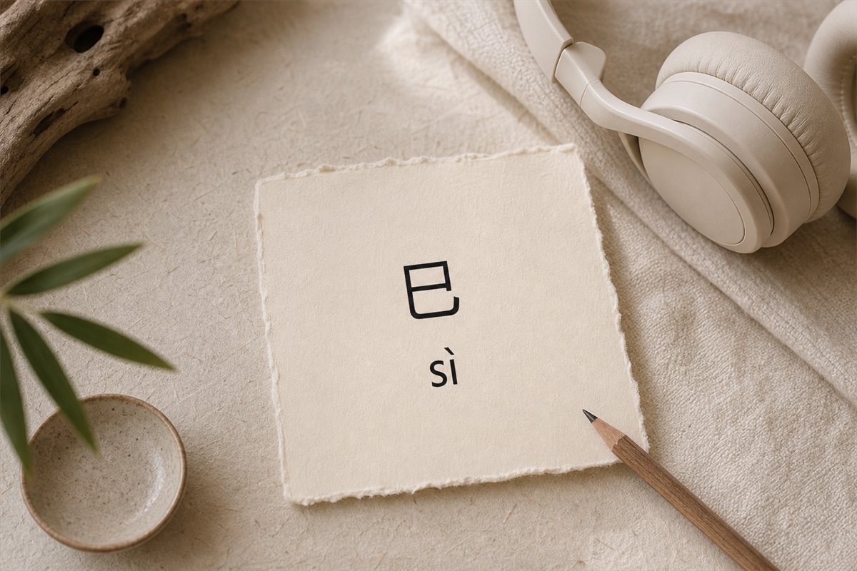 Modern printed card showing 巳 and pinyin sì beside simple listening headphones