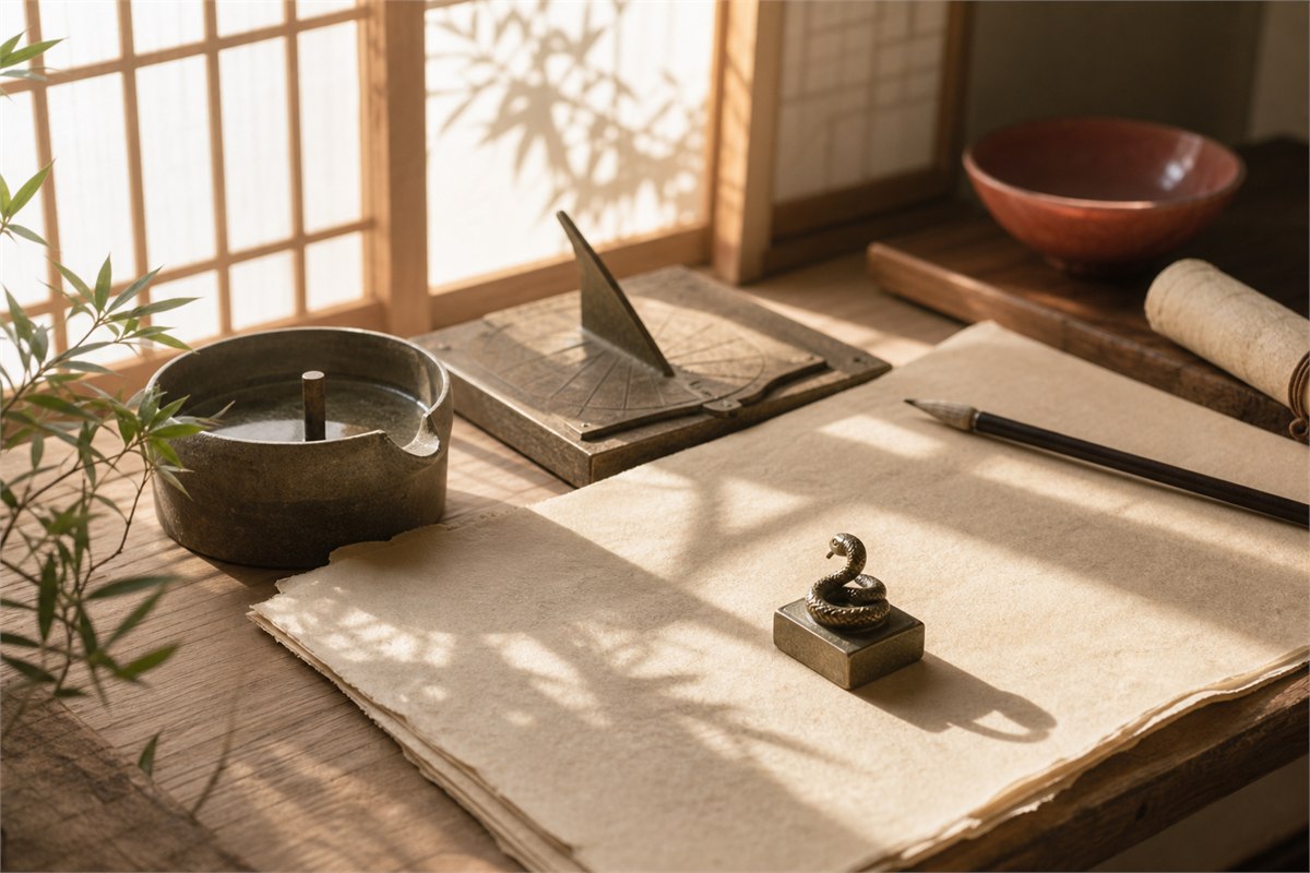 Bronze snake seal beside a sundial and water clock in warm late-morning light