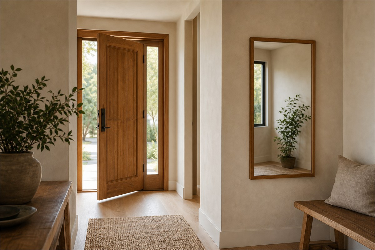 Entryway mirror mounted on a side wall reflecting a real window, plant, and warm interior rather than the front door