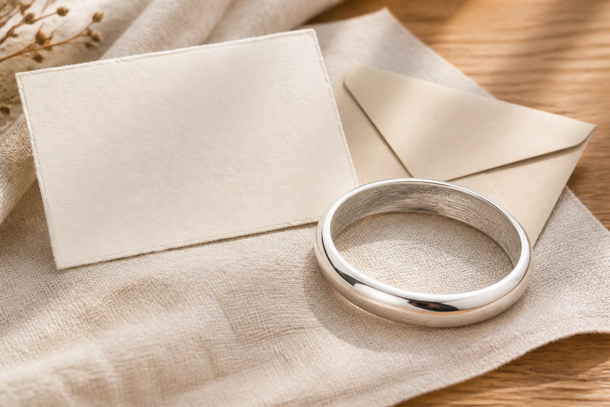 A silver bangle beside a blank cream gift card and envelope on linen in warm daylight.