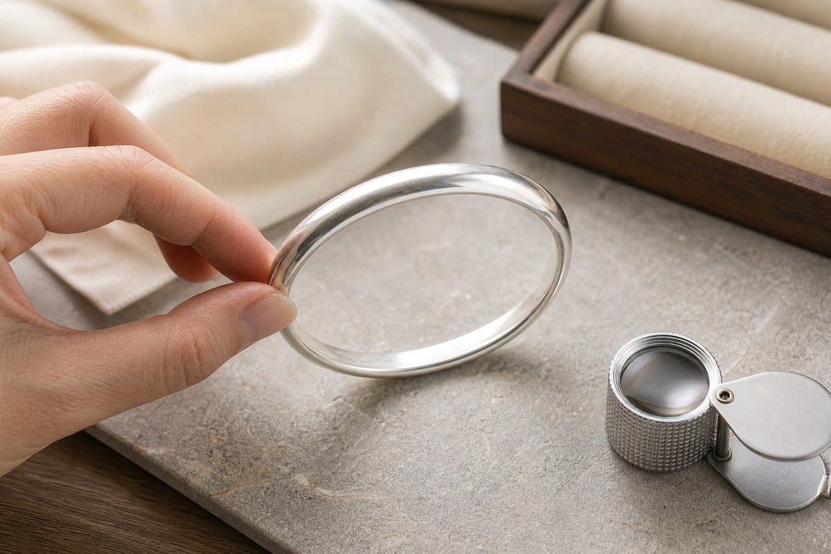 A hand inspecting a polished silver bangle beside a small loupe, cloth, and jewelry tray.