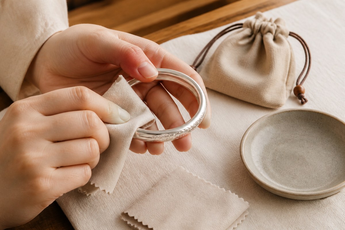 Hands gently wiping a silver bangle with a soft cloth near a pouch and ceramic dish.