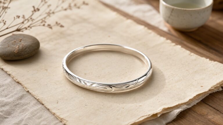 A refined silver bangle on warm handmade paper with a tea cup and natural wood in soft daylight.