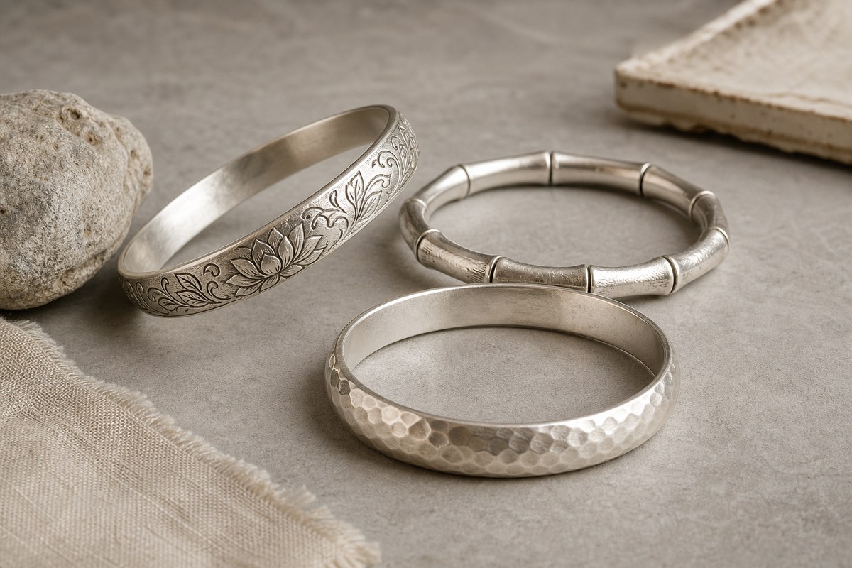 Three silver bangles with different surfaces and subtle motif details on linen and stone.