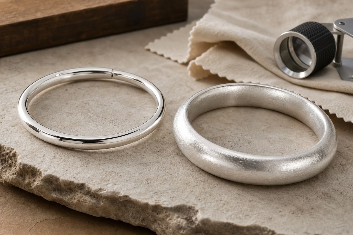 Two silver bangles with different thicknesses placed near a jeweler's cloth and small loupe.