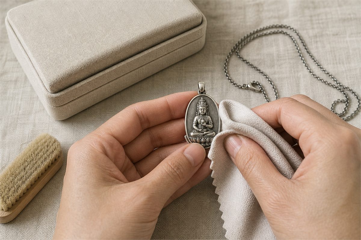Hands cleaning an oval silver bodhisattva pendant with a soft cloth