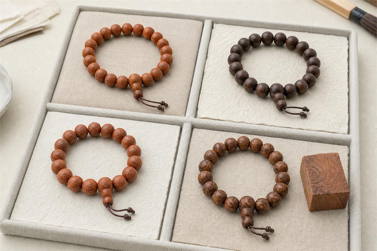 Four visually similar brown wood bead bracelets arranged in separate compartments with a wood sample