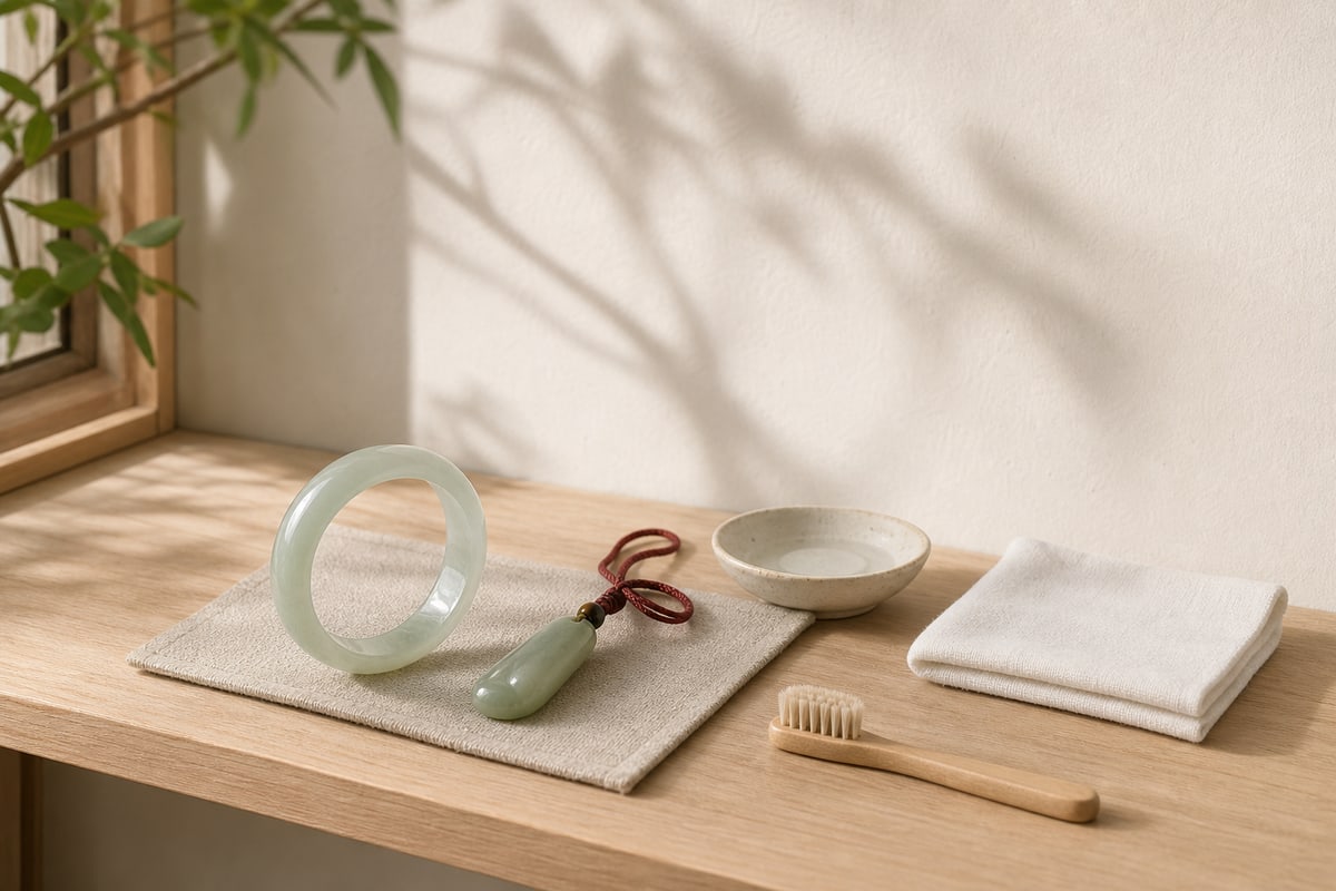 Pale jade bangle and green jade pendant beside a soft cloth, tiny water saucer, and soft brush on a sunlit shelf