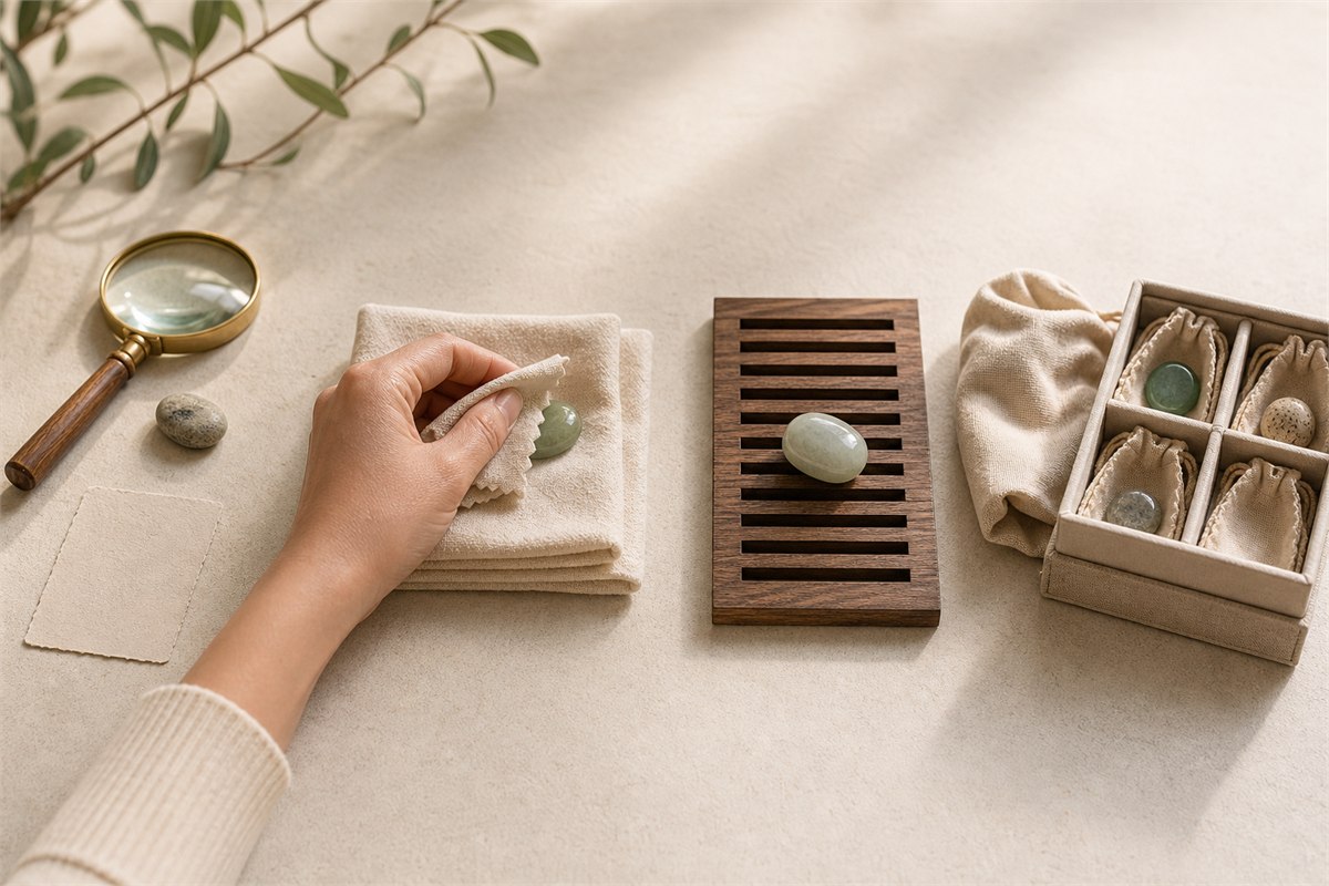 Loupe, dry cloth care, shaded drying rack, individual pouches, and divided storage arranged as a simple crystal care routine