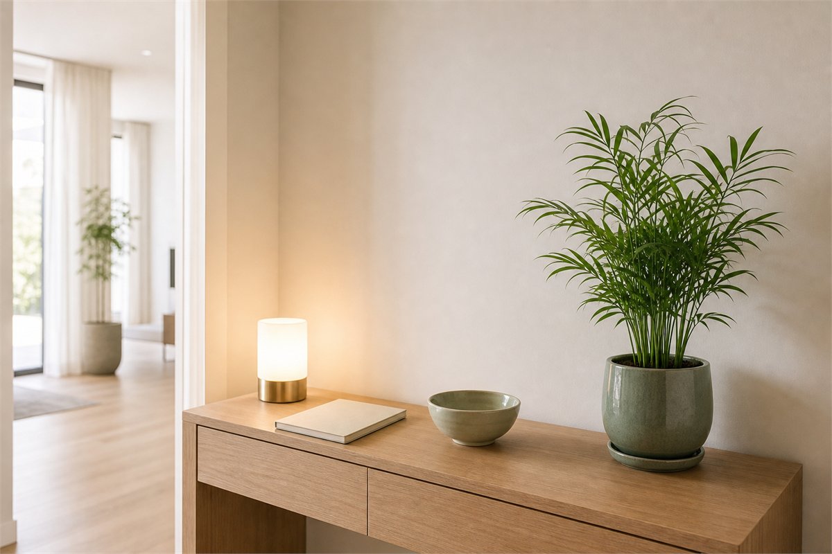 Uncluttered console with a warm lamp, parlor palm, ceramic bowl, and closed notebook