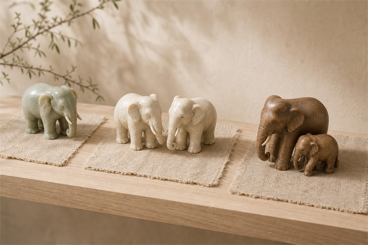 Single elephant, matched elephant pair, and adult elephant with calf on a shelf