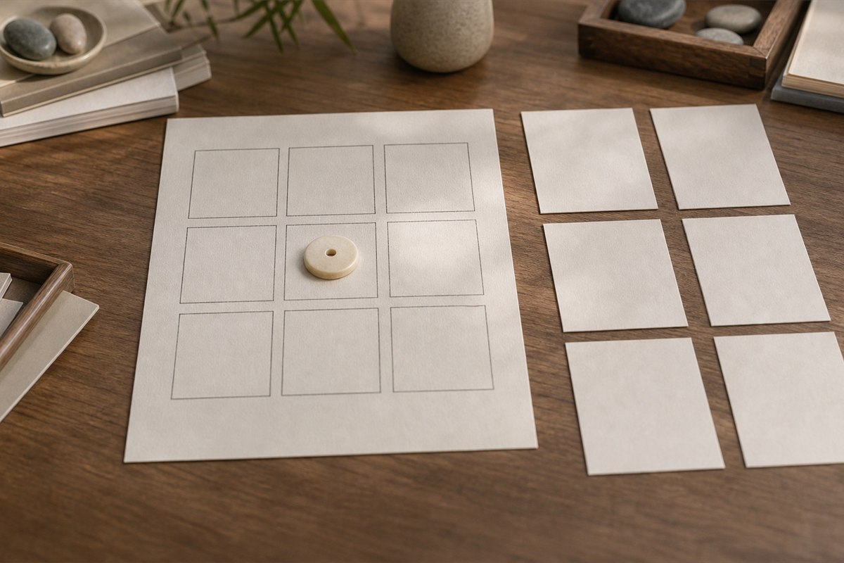 Single clay token beside an incomplete grid of many blank positions