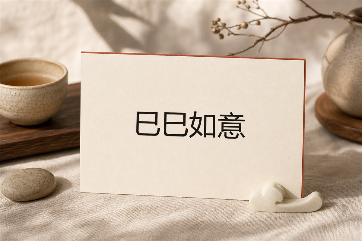 Modern printed card showing the phrase 巳巳如意 beside a simple ruyi-shaped paperweight