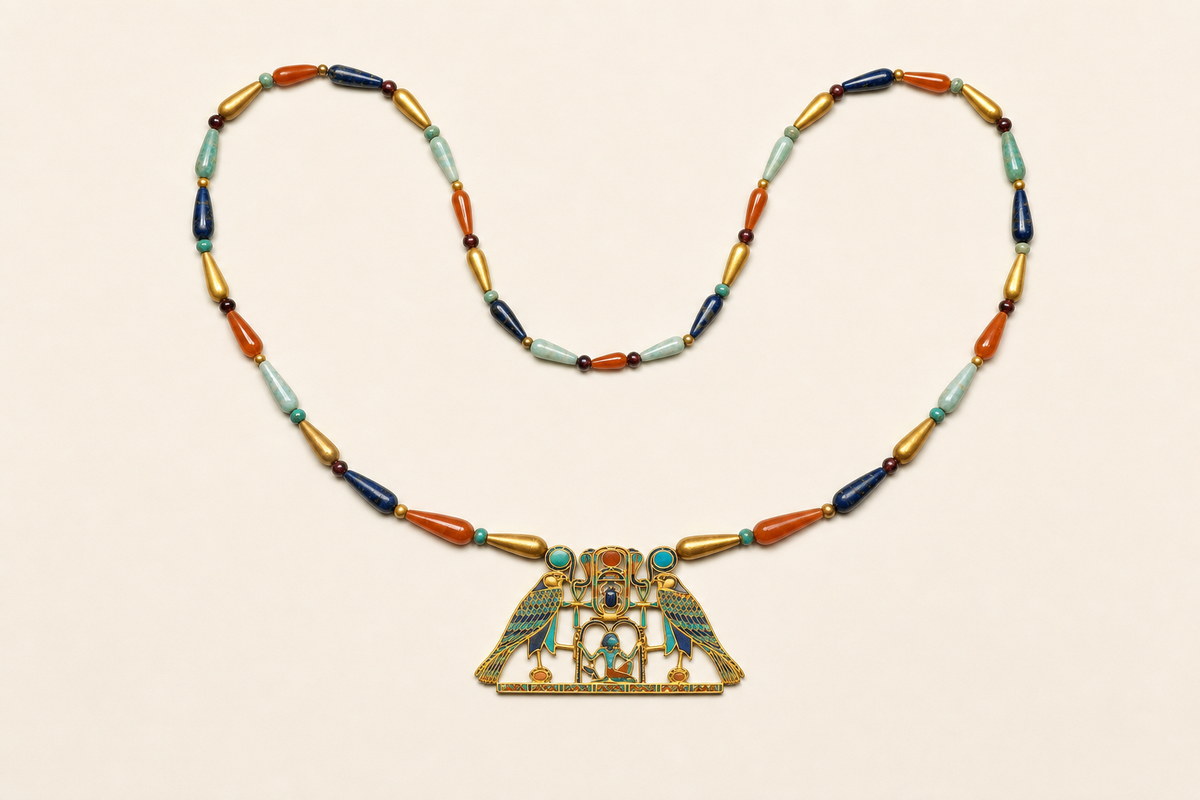Middle Kingdom gold pectoral with lapis lazuli, turquoise, and carnelian suspended from a long bead necklace