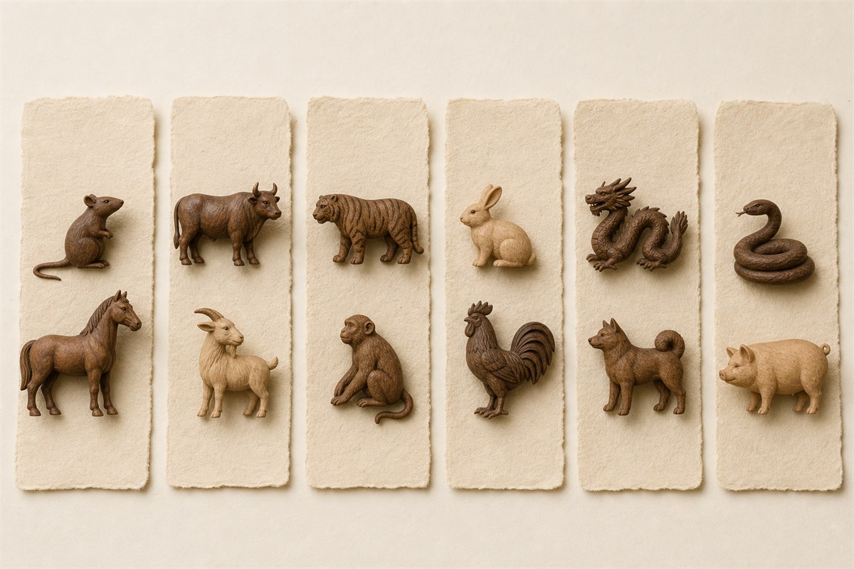 Twelve carved animal figures arranged as six traditional opposite zodiac pairs