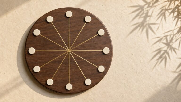 Twelve ceramic markers arranged in a circle with six lines joining opposite points