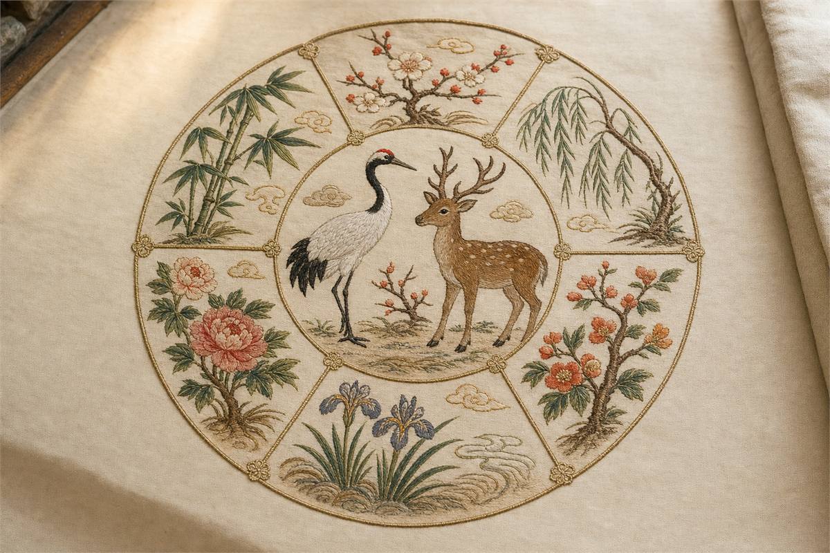 Embroidered roundel with one crane and one antlered deer surrounded by six botanical sectors