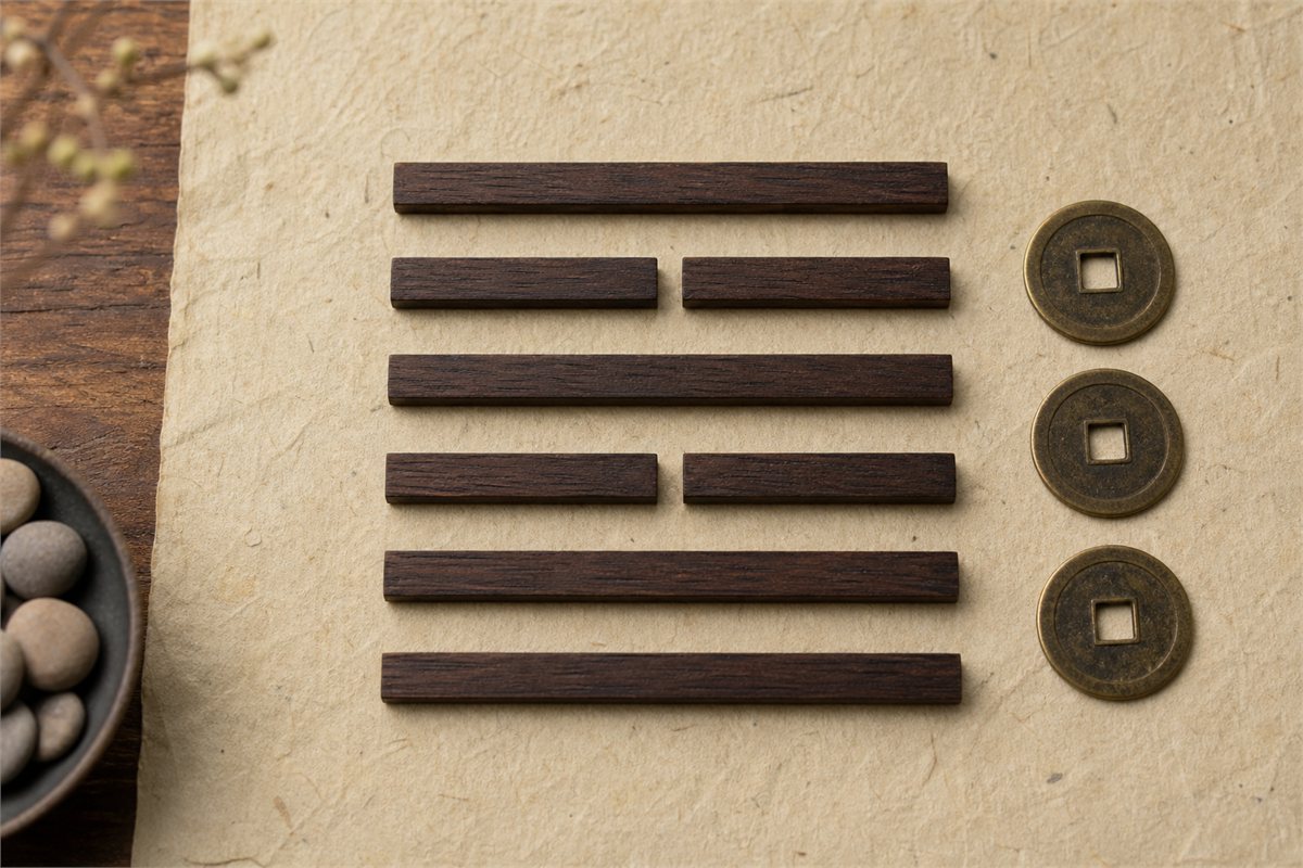 Six wooden line bars and three plain bronze coins on parchment