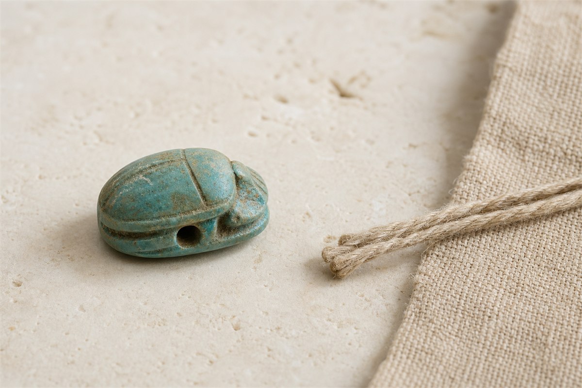 Tiny blue-green faience scarab amulet with a suspension hole beside neutral fiber cord.
