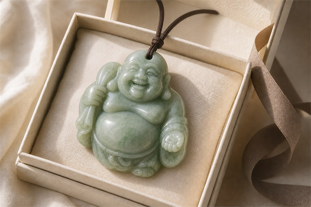 Smiling Budai jade pendant in an open gift box with warm neutral ribbon