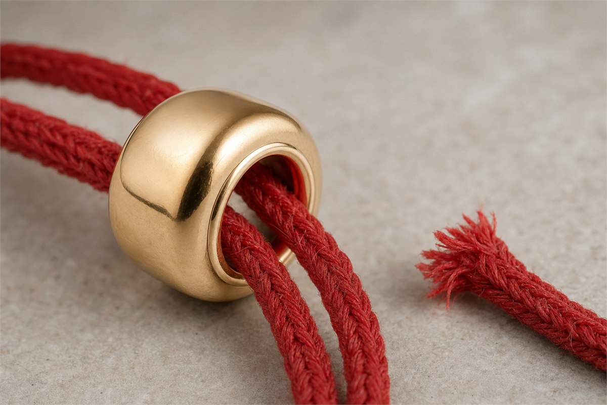 Macro view of red braided cord passing through a smooth gold bead hole beside a frayed cord sample