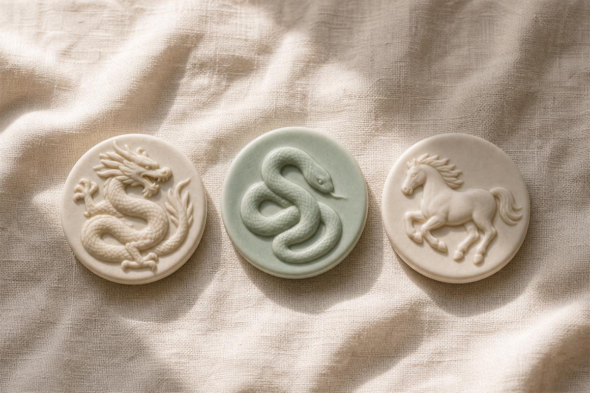 Three modern ceramic tokens showing dragon, snake, and horse in sequence