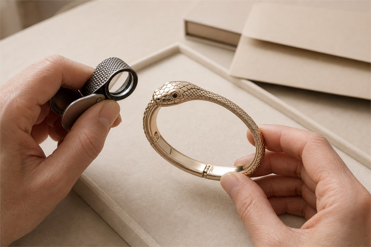 Jeweler using a loupe to inspect a snake bangle head, stone settings, hinge, clasp, and inner polish