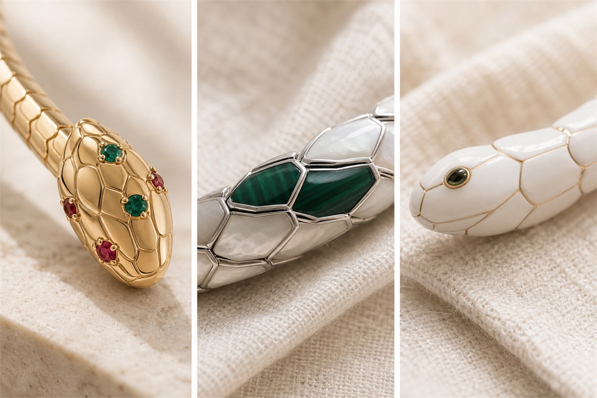 Macro snake-bracelet samples with emerald and ruby settings, mother-of-pearl and malachite inlay, enamel, ceramic, and glass
