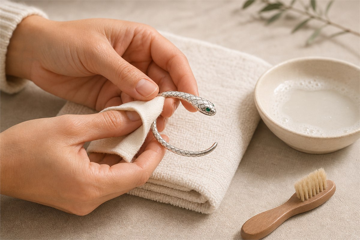 Hands wiping a snake bracelet with a lint-free cloth beside a soft brush and shallow dish of mild soapy water