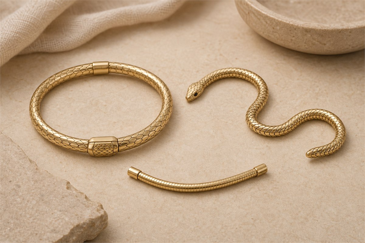 Macro view of a hinged snake bangle, articulated link bracelet, and smooth tubular snake-chain sample